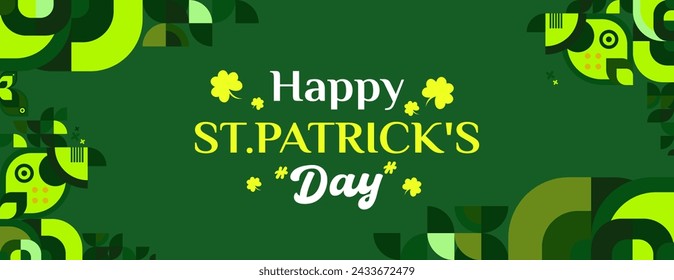 Happy St Patrick's Day horizontal banner in modern geometric style. Great for greeting covers, social posters and St Patrick's Day celebration party invitations with text. Vector illustration
