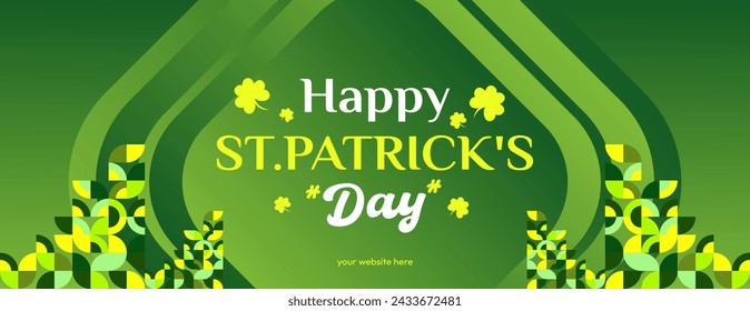 Happy St Patrick's Day horizontal banner in modern geometric style. Great for greeting covers, social posters and St Patrick's Day celebration party invitations with text. Vector illustration