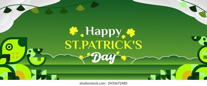 Happy St Patrick's Day horizontal banner in modern geometric style. Great for greeting covers, social posters and St Patrick's Day celebration party invitations with text. Vector illustration