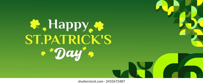 Happy St Patrick's Day horizontal banner in modern geometric style. Great for greeting covers, social posters and St Patrick's Day celebration party invitations with text. Vector illustration