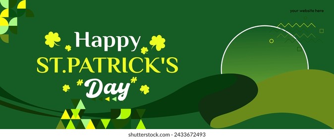Happy St Patrick's Day horizontal banner in modern geometric style. Great for greeting covers, social posters and St Patrick's Day celebration party invitations with text. Vector illustration
