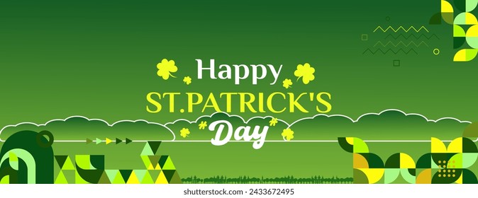 Happy St Patrick's Day horizontal banner in modern geometric style. Great for greeting covers, social posters and St Patrick's Day celebration party invitations with text. Vector illustration