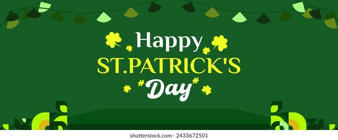 Happy St Patrick's Day horizontal banner in modern geometric style. Great for greeting covers, social posters and St Patrick's Day celebration party invitations with text. Vector illustration