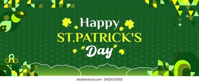 Happy St Patrick's Day horizontale Banner in modernem geometrischen Stil. Ideal für Grußdeckel, Sozialplakate und St. Patrick's Day Feier Party Einladungen mit Text. Vektorgrafik