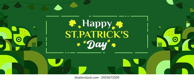 Happy St Patrick's Day horizontal banner in modern geometric style. Great for greeting covers, social posters and St Patrick's Day celebration party invitations with text. Vector illustration