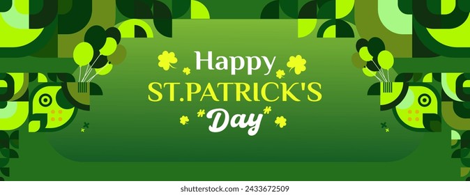 Banner horizontal del día de San Patricio feliz en estilo geométrico moderno. Ideal para portadas de saludo, afiches sociales e invitaciones de fiesta de celebración del Día de San Patricio con texto. Ilustración de vector