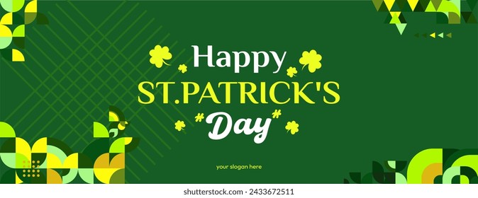 Happy St Patrick's Day horizontal banner in modern geometric style. Great for greeting covers, social posters and St Patrick's Day celebration party invitations with text. Vector illustration