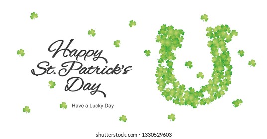 Happy St Patricks Day horseshoe handwritten calligraphy Irish green white greeting card