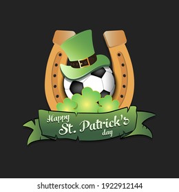 Happy St. Patricks day. Horseshoe, clovers and soccer ball in leprechaun hat on an isolated background. Pattern for greeting card, logo, banner, poster, party invitation. Vector illustration