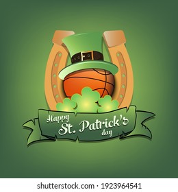 Happy St. Patricks day. Horseshoe, clovers and basketball ball in leprechaun hat on an isolated background. Pattern for greeting card, logo, banner, poster, party invitation. Vector illustration