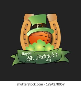 Happy St. Patricks day. Horseshoe, clovers and basketball ball in leprechaun hat on an isolated background. Pattern for greeting card, logo, banner, poster, party invitation. Vector illustration