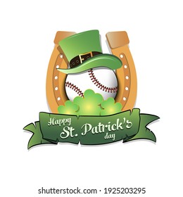 Happy St. Patricks day. Horseshoe, clovers and baseball ball in leprechaun hat on an isolated background. Pattern for greeting card, logo, banner, poster, party invitation. Vector illustration