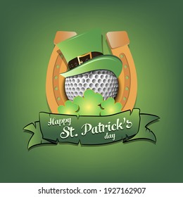 Happy St. Patricks day. Horseshoe, clovers and Golf ball in leprechaun hat on an isolated background. Pattern for greeting card, logo, banner, poster, party invitation. Vector illustration