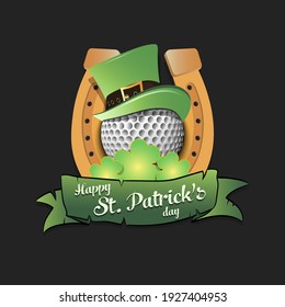 Happy St. Patricks day. Horseshoe, clovers and Golf ball in leprechaun hat on an isolated background. Pattern for greeting card, logo, banner, poster, party invitation. Vector illustration