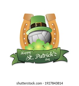 Happy St. Patricks day. Horseshoe, clovers and volleyball ball in leprechaun hat on an isolated background. Pattern for greeting card, logo, banner, poster, party invitation. Vector illustration