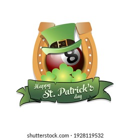 Happy St. Patricks day. Horseshoe, clovers and billiard ball in leprechaun hat on an isolated background. Pattern for greeting card, logo, banner, poster, party invitation. Vector illustration