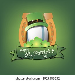 Happy St. Patricks day. Horseshoe, clovers and rugby ball in leprechaun hat on an isolated background. Pattern for greeting card, logo, banner, poster, party invitation. Vector illustration