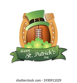 Happy St. Patricks day. Horseshoe, clovers and football ball in leprechaun hat on an isolated background. Pattern for greeting card, logo, banner, poster, party invitation. Vector illustration