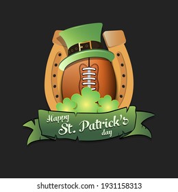 Happy St. Patricks day. Horseshoe, clovers and football ball in leprechaun hat on an isolated background. Pattern for greeting card, logo, banner, poster, party invitation. Vector illustration