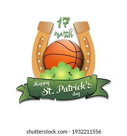 Happy St. Patricks day. Horseshoe, clovers and basketball ball in leprechaun hat on an isolated background. Pattern for greeting card, logo, banner, poster, party invitation. Vector illustration