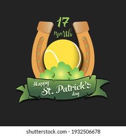 Happy St. Patricks day. Horseshoe, clovers and tennis ball in leprechaun hat on an isolated background. Pattern for greeting card, logo, banner, poster, party invitation. Vector illustration