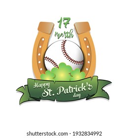 Happy St. Patricks day. Horseshoe, clovers and baseball ball in leprechaun hat on an isolated background. Pattern for greeting card, logo, banner, poster, party invitation. Vector illustration