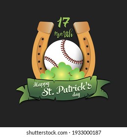 Happy St. Patricks Day. Horseshoe, Clovers And Baseball Ball In Leprechaun Hat On An Isolated Background. Pattern For Greeting Card, Logo, Banner, Poster, Party Invitation. Vector Illustration