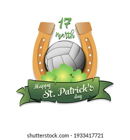 Happy St. Patricks day. Horseshoe, clovers and volleyball ball in leprechaun hat on an isolated background. Pattern for greeting card, logo, banner, poster, party invitation. Vector illustration
