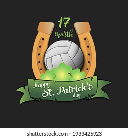 Happy St. Patricks day. Horseshoe, clovers and volleyball ball in leprechaun hat on an isolated background. Pattern for greeting card, logo, banner, poster, party invitation. Vector illustration
