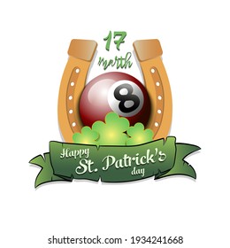 Happy St. Patricks day. Horseshoe, clovers and billiard ball in leprechaun hat on an isolated background. Pattern for greeting card, logo, banner, poster, party invitation. Vector illustration