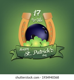 Happy St. Patricks day. Horseshoe, clovers and bowling ball in leprechaun hat on an isolated background. Pattern for greeting card, logo, banner, poster, party invitation. Vector illustration