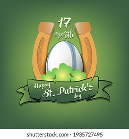 Happy St. Patricks day. Horseshoe, clovers and rugby ball in leprechaun hat on an isolated background. Pattern for greeting card, logo, banner, poster, party invitation. Vector illustration