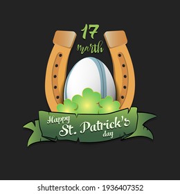 Happy St. Patricks day. Horseshoe, clovers and rugby ball in leprechaun hat on an isolated background. Pattern for greeting card, logo, banner, poster, party invitation. Vector illustration