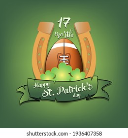 Happy St. Patricks day. Horseshoe, clovers and football ball in leprechaun hat on an isolated background. Pattern for greeting card, logo, banner, poster, party invitation. Vector illustration