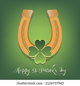 Happy St. Patricks day. Horseshoe and clovers. Pattern design for logo, banner, poster, greeting card, party invitation. Vector illustration on isolated background