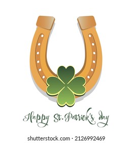 Happy St. Patricks day. Horseshoe and clovers. Pattern design for logo, banner, poster, greeting card, party invitation. Vector illustration on isolated background