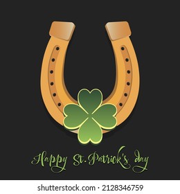Happy St. Patricks day. Horseshoe and clovers. Pattern design for logo, banner, poster, greeting card, party invitation. Vector illustration on isolated background