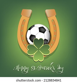 Happy St. Patrick's day. Horseshoe, clovers and soccer ball. Pattern design for logo, banner, poster, greeting card, party invitation. Vector illustration on isolated background