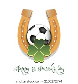 Happy St. Patrick's day. Horseshoe, clovers and soccer ball. Pattern design for logo, banner, poster, greeting card, party invitation. Vector illustration on isolated background