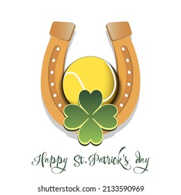 Happy St. Patrick's day. Horseshoe, clovers and tennis ball. Pattern design for logo, banner, poster, greeting card, party invitation. Vector illustration on isolated background