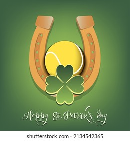 Happy St. Patrick's day. Horseshoe, clovers and tennis ball. Pattern design for logo, banner, poster, greeting card, party invitation. Vector illustration on isolated background