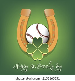 Happy St. Patrick's day. Horseshoe, clovers and baseball ball. Pattern design for logo, banner, poster, greeting card, party invitation. Vector illustration on isolated background