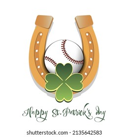 Happy St. Patrick's day. Horseshoe, clovers and baseball ball. Pattern design for logo, banner, poster, greeting card, party invitation. Vector illustration on isolated background