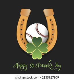 Happy St. Patrick's day. Horseshoe, clovers and baseball ball. Pattern design for logo, banner, poster, greeting card, party invitation. Vector illustration on isolated background
