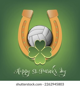 Happy St. Patrick's day. Horseshoe, clovers and volleyball ball. Pattern design for logo, banner, poster, greeting card, party invitation. Vector illustration on isolated background