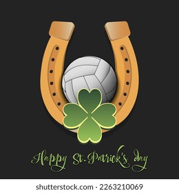 Happy St. Patrick's day. Horseshoe, clovers and volleyball ball. Pattern design for logo, banner, poster, greeting card, party invitation. Vector illustration on isolated background