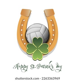 Happy St. Patrick's day. Horseshoe and clovers. Pattern design for logo, banner, poster, greeting card, party invitation. Vector illustration on isolated background