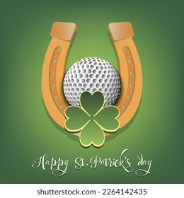 Happy St. Patrick's day. Horseshoe, clovers and golf ball. Pattern design for logo, banner, poster, greeting card, party invitation. Vector illustration on isolated background