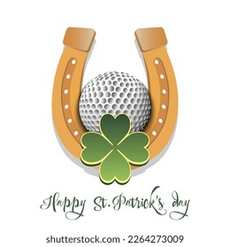 Happy St. Patrick's day. Horseshoe, clovers and golf ball. Pattern design for logo, banner, poster, greeting card, party invitation. Vector illustration on isolated background