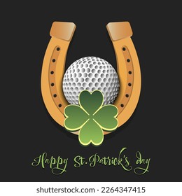 Happy St. Patrick's day. Horseshoe, clovers and golf ball. Pattern design for logo, banner, poster, greeting card, party invitation. Vector illustration on isolated background